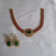 Emerald Blossom Pink Stone Gold Finish Necklace Set with Floral Center Pendant Earrings