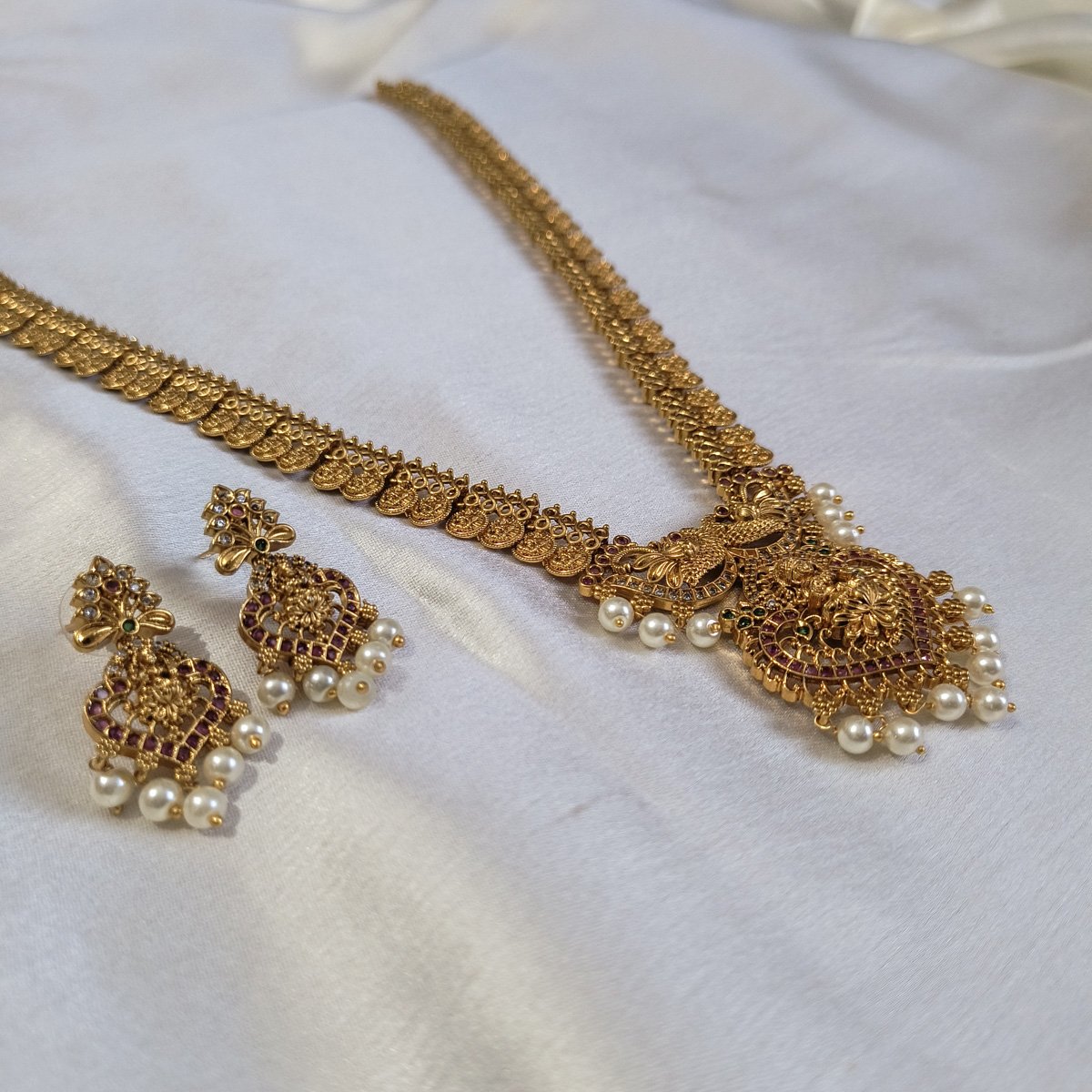 Royal Temple Coin Long Necklace Set with Goddess Lakshmi Pendant - Image 2