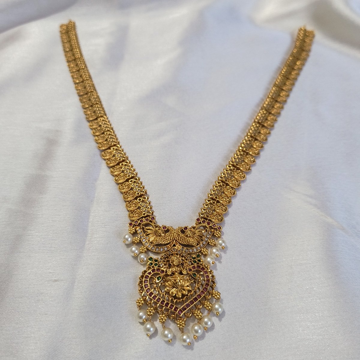 Royal Temple Coin Long Necklace Set with Goddess Lakshmi Pendant - Image 4