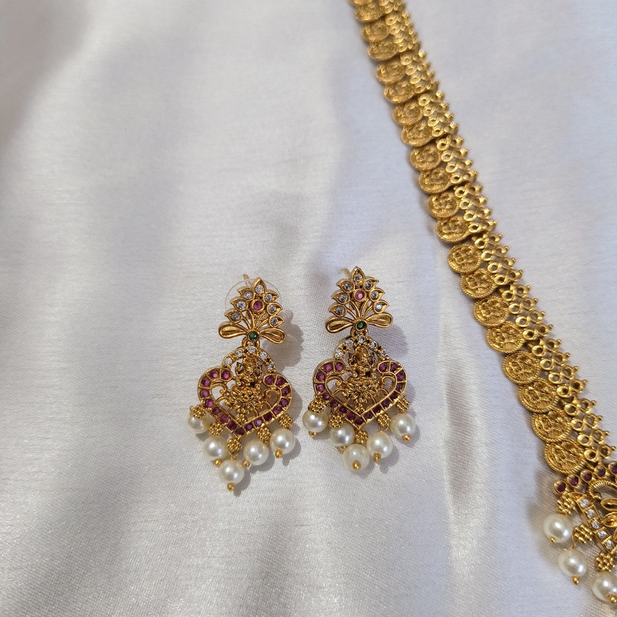 Royal Temple Coin Long Necklace Set with Goddess Lakshmi Pendant - Image 3