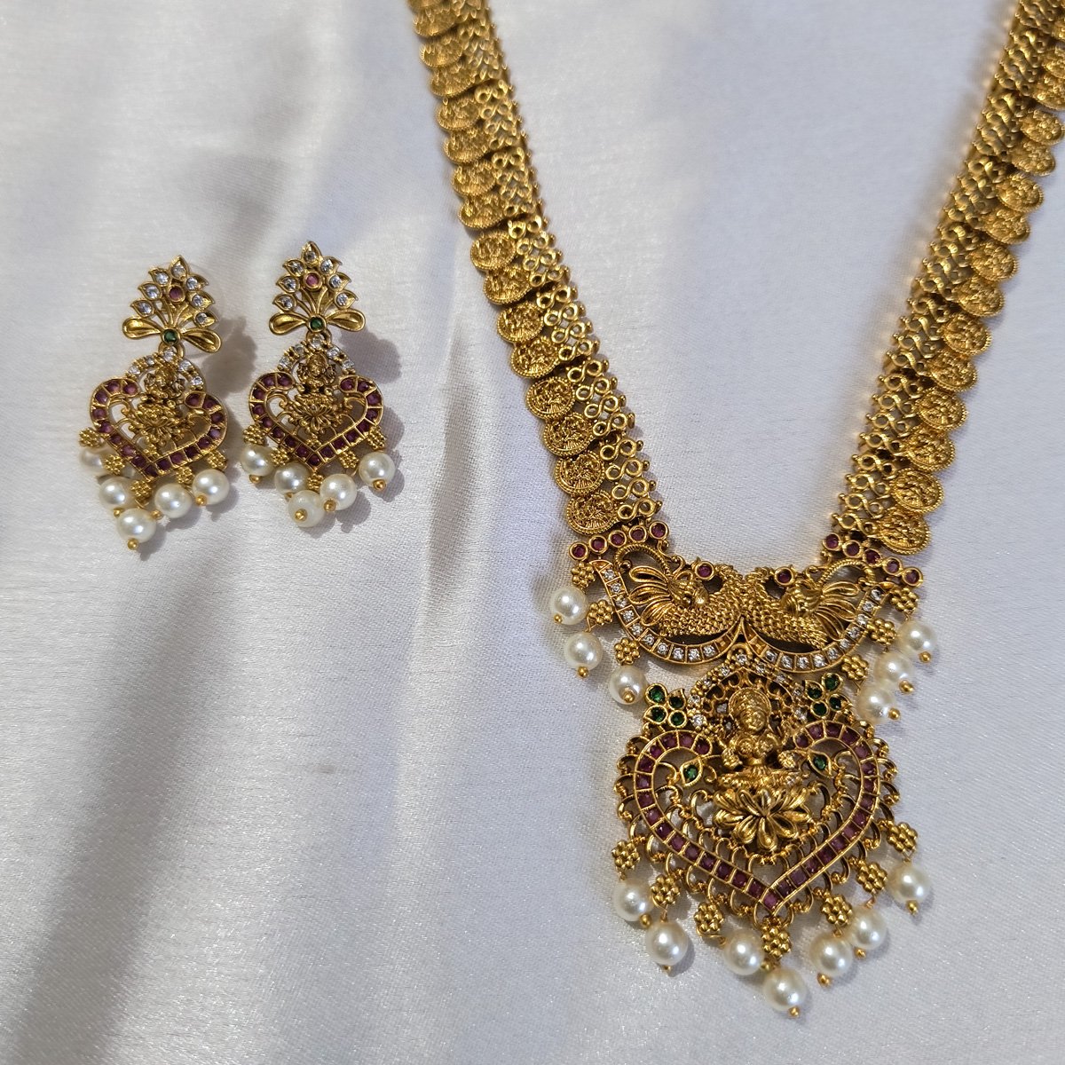 Royal Temple Coin Long Necklace Set with Goddess Lakshmi Pendant - Image 5