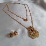 Alternative view of Royal Pink Stone Double Layer Gold Finish Necklace Set with Earrings