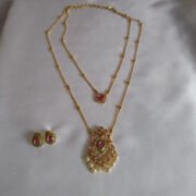 Royal Pink Stone Double Layer Gold Finish Necklace Set with Earrings