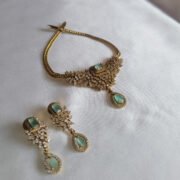 Alternative view of Luxury Tri-Color Gold Finish Necklace Set with Mint Green, Ruby Pink & Amethyst Purple Stones